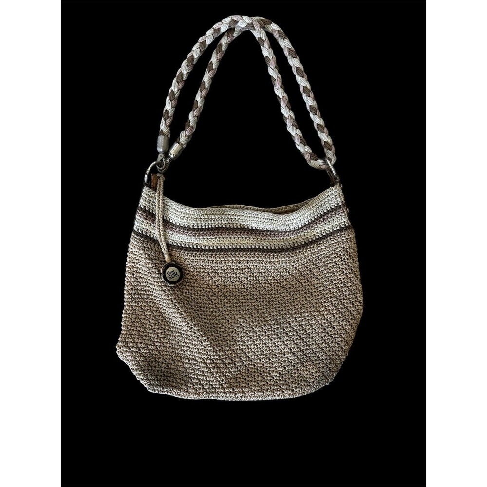 The Sak Tan/Pink Stripe Boho Crochet Shoulder Bag, Braid Strap Festival Summer